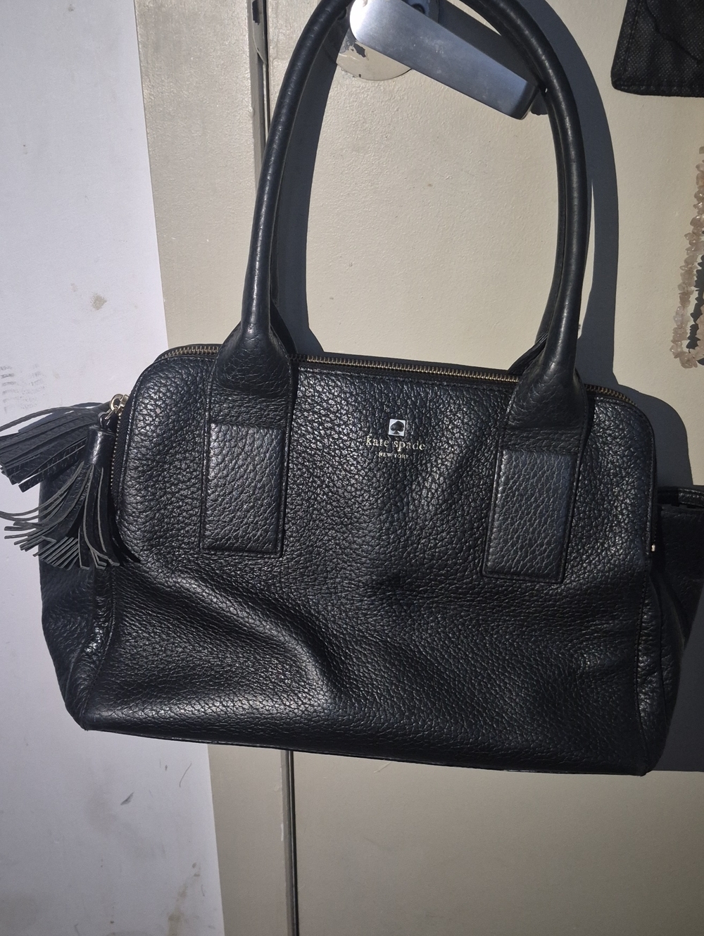 kate spade Black Pebbled Leather Shoulder Bag with Tassel10inch*18inch